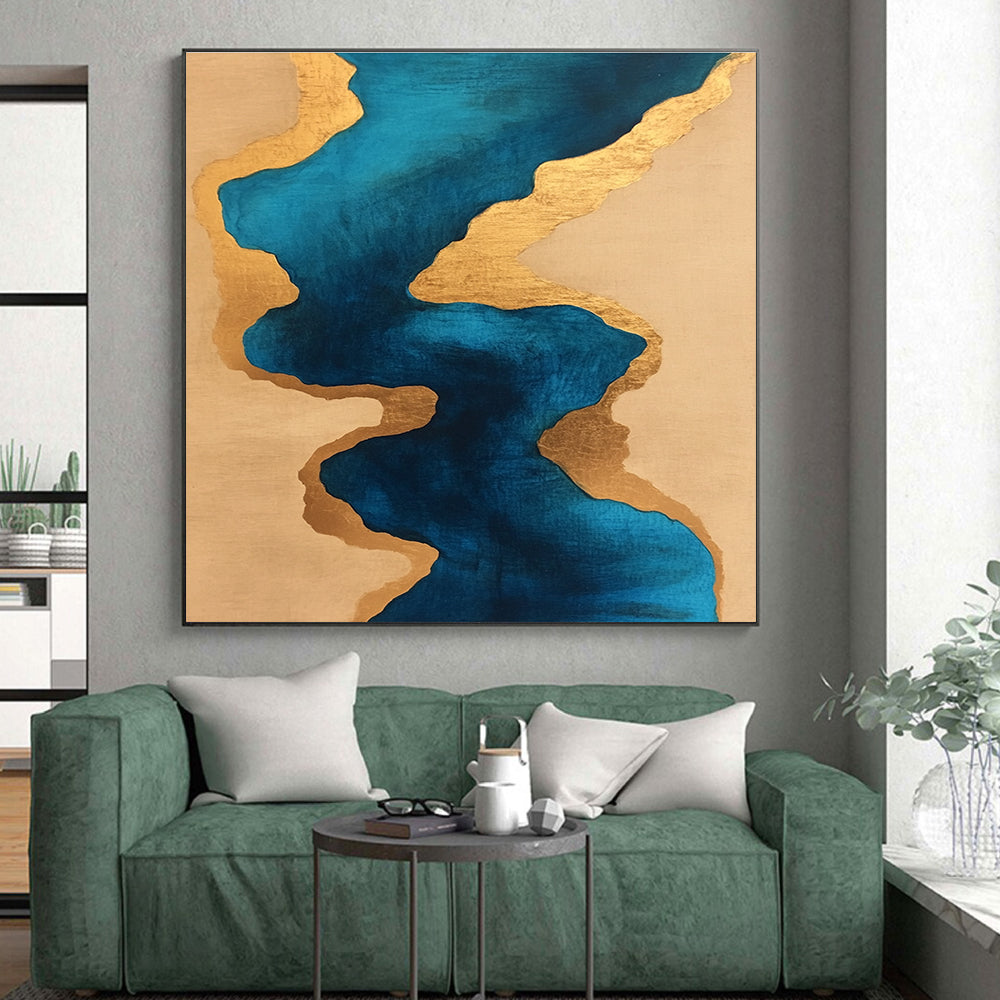 Blue and Gold Fluid Shapes Abstract Painting with Luxurious Flow WINK234