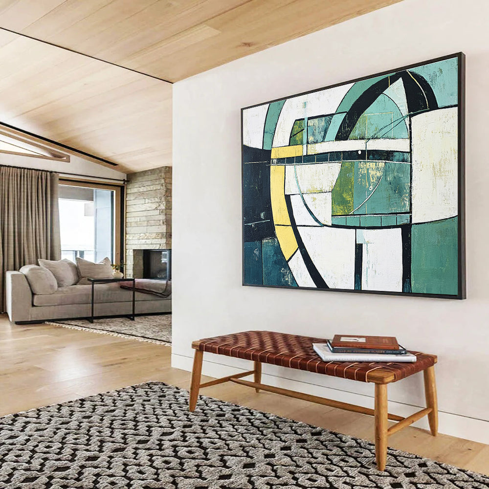 Green and Yellow Geometric Abstract Painting with Structural Harmony ABS411