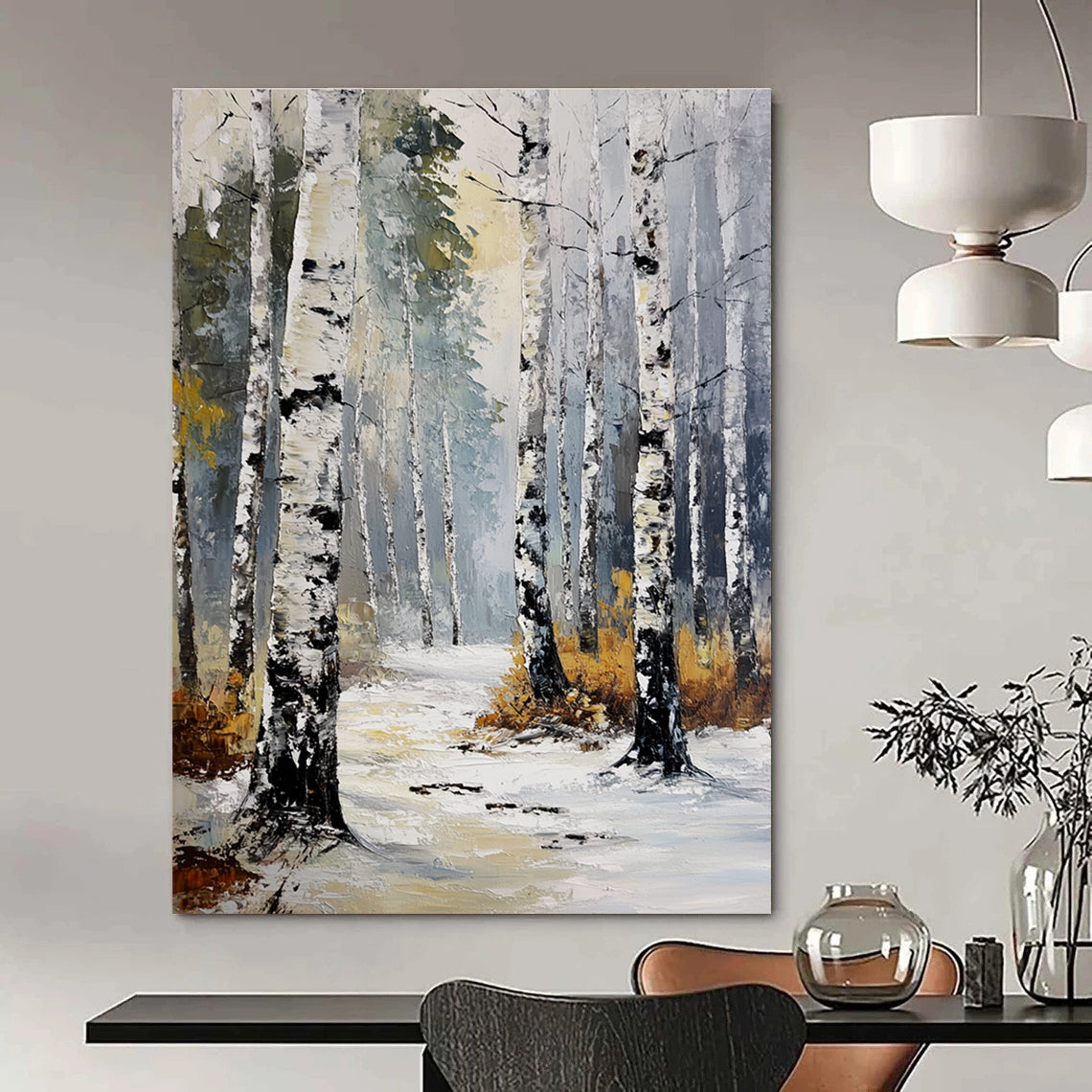Winter Birch Forest Abstract Painting for Cozy Cabin Living Rooms GAB1310