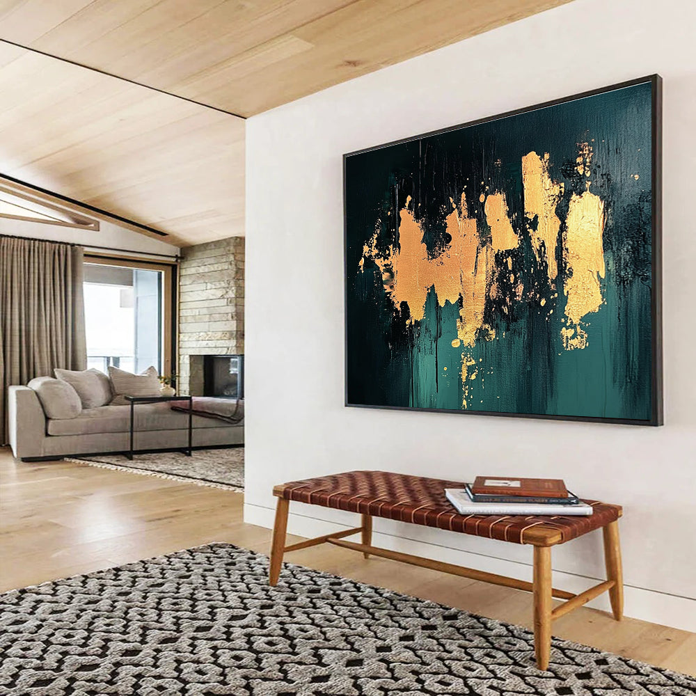 Gold Splash on Green Abstract Painting with Luxurious Accents ABS418