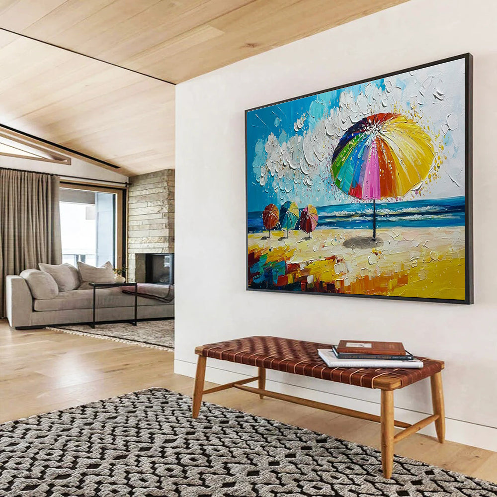 Beach Umbrellas Scene Abstract Painting for Coastal Home Decor YHT310
