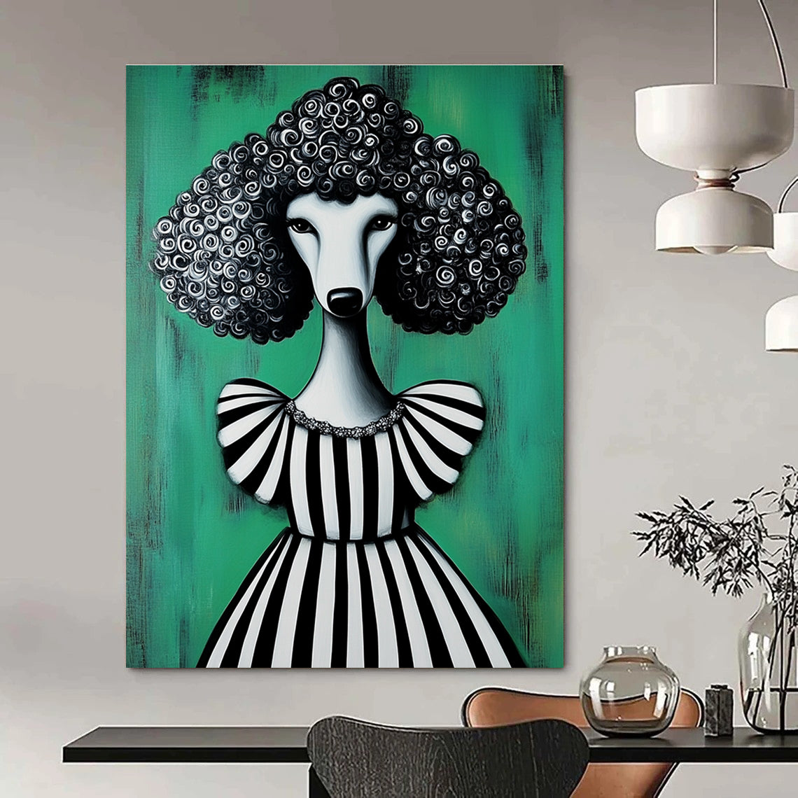 Poodle in Striped Dress Painting of Elegant Quirkiness GAB0134