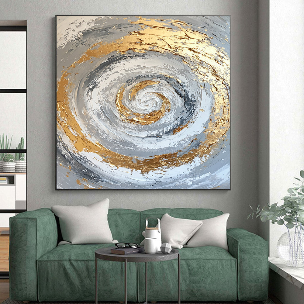 Gold Silver Spiral Abstract Painting with Textured Movement WINK622