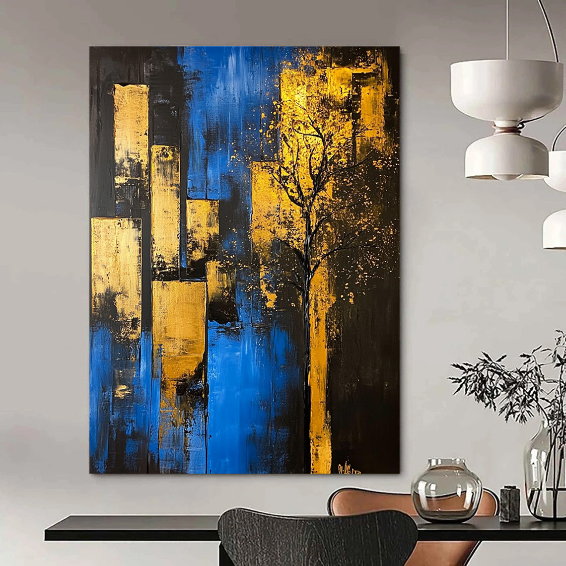 Blue and Gold City Tree - Urban Nature Abstract Art GAB0471