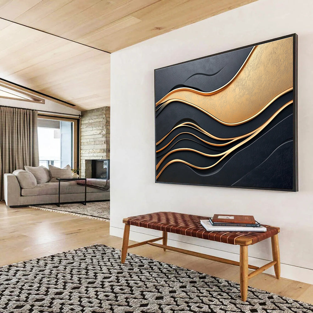 Black and Gold Waves: Luxurious Rhythms in 3D Abstract Painting ABS166