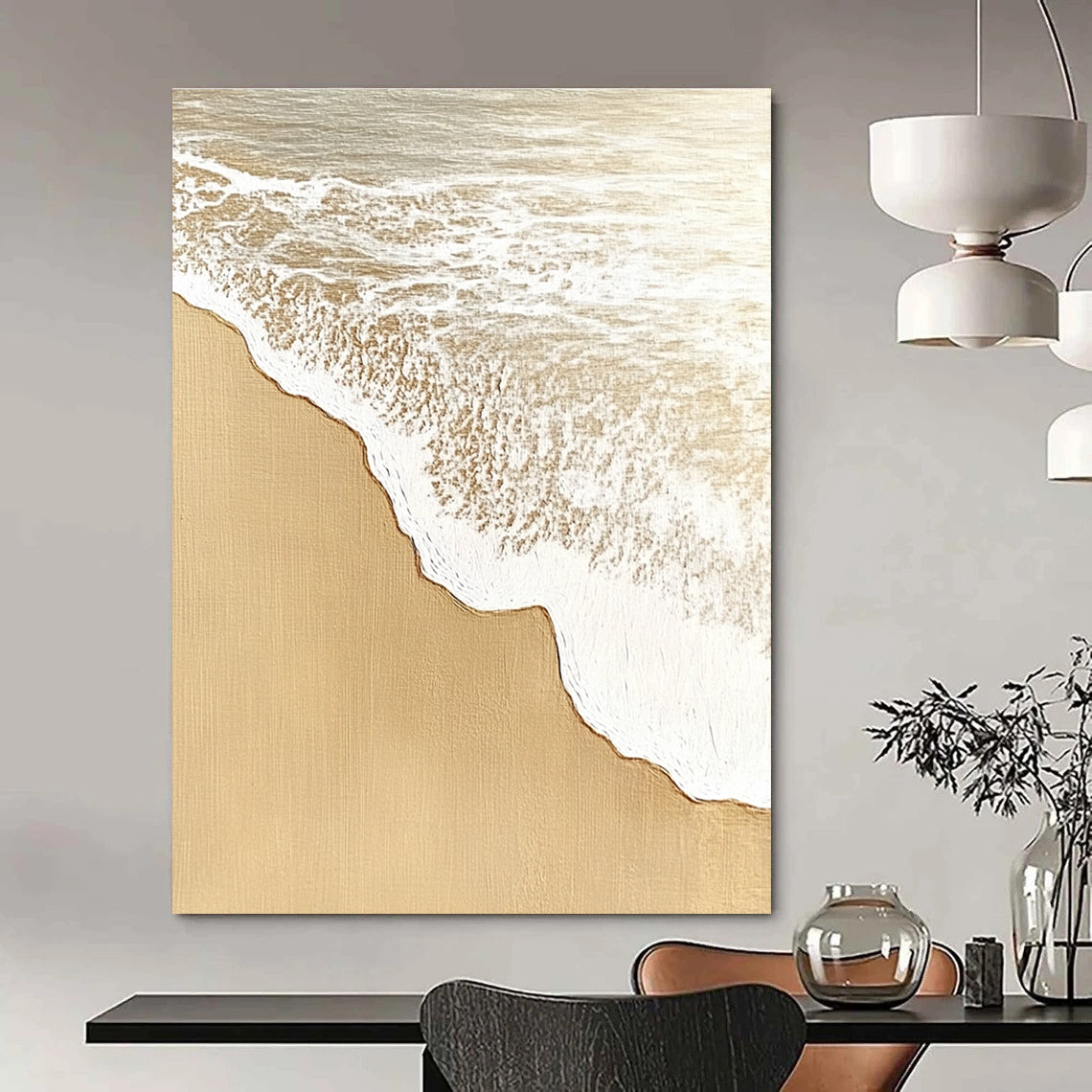 Sandy Beach with White Waves Abstract Painting with Coastal Charm GAB0077