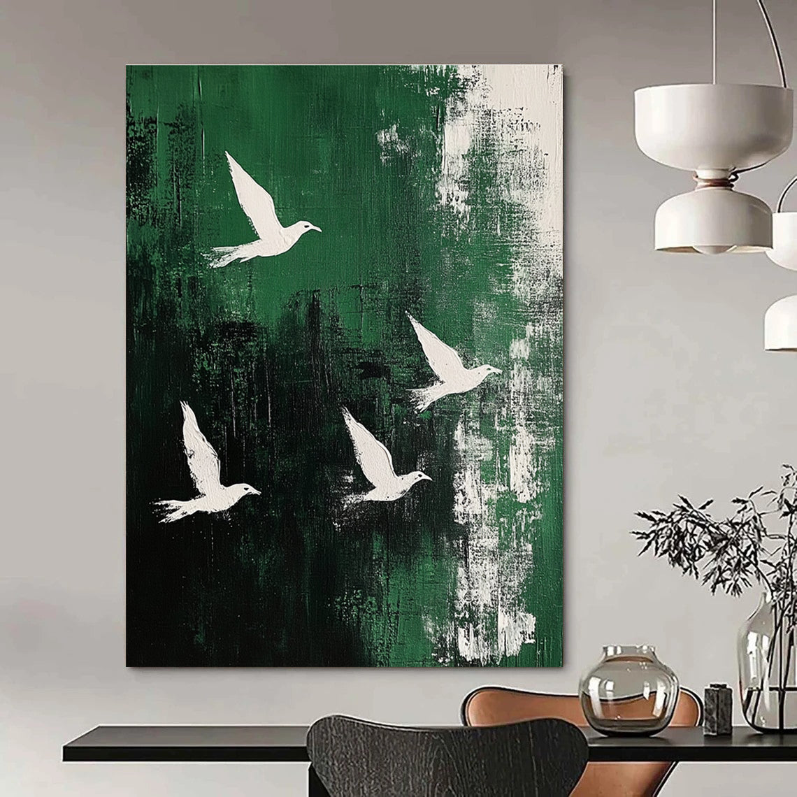 White Birds on Green Abstract Painting for Nature - Loving Cafes GAB0826