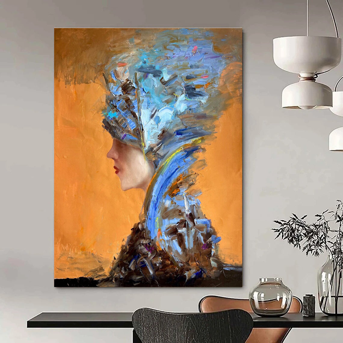 Blue and Brown Textured Portrait Abstract Painting for Sophisticated Dining Rooms HENG348