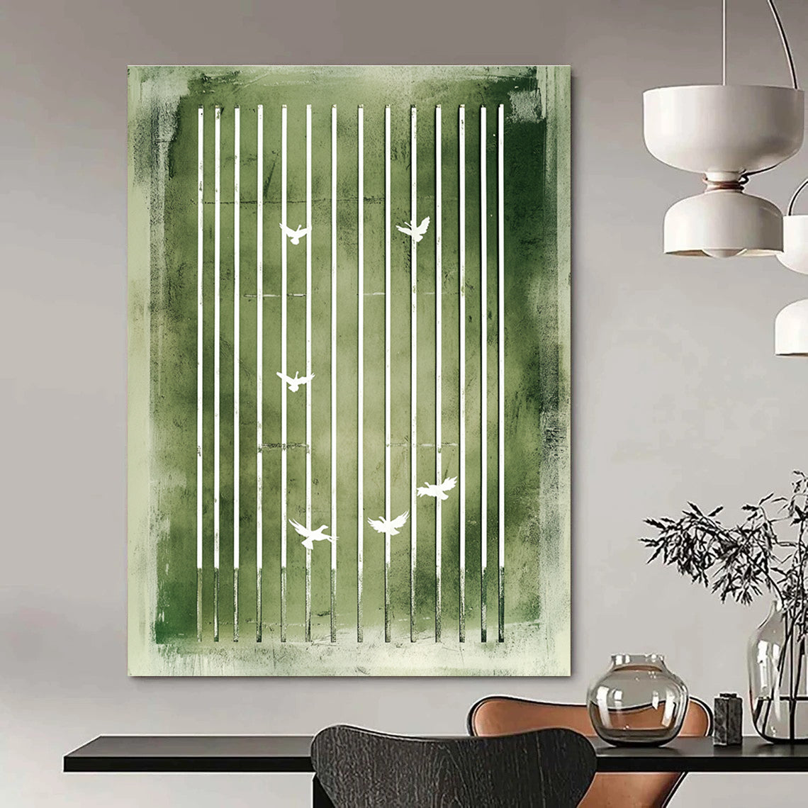 Green Bars and White Birds Symbolic Abstract Art GAB0377