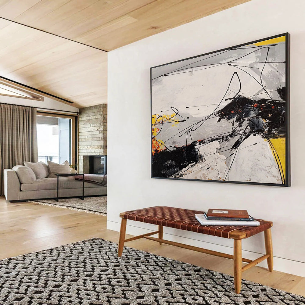 Dynamic Black - White - Yellow Abstract Energetic Painting for Bold Interiors YHT029