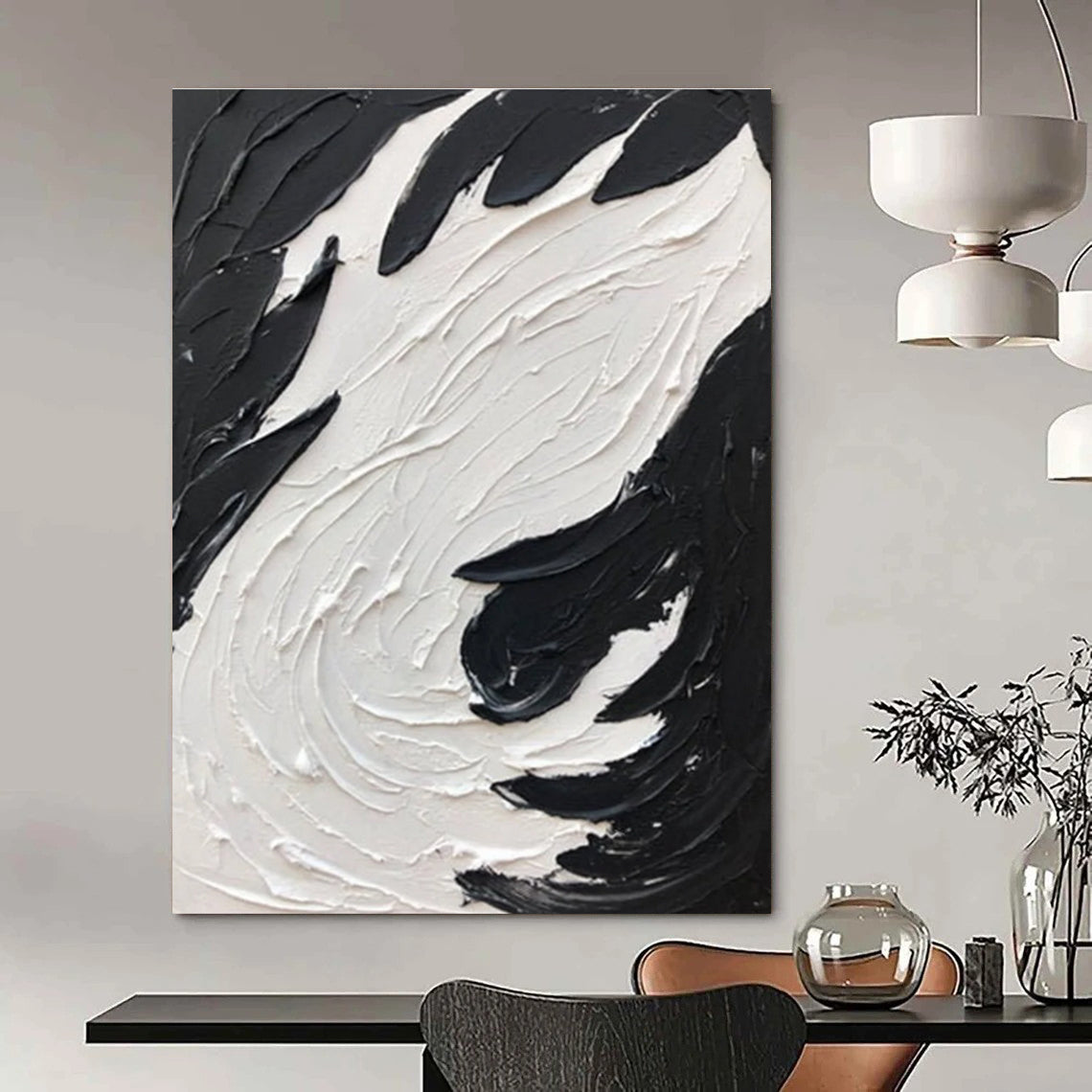 Black - White Swirl Textured Art Abstract Painting for Bold Interiors HENG398