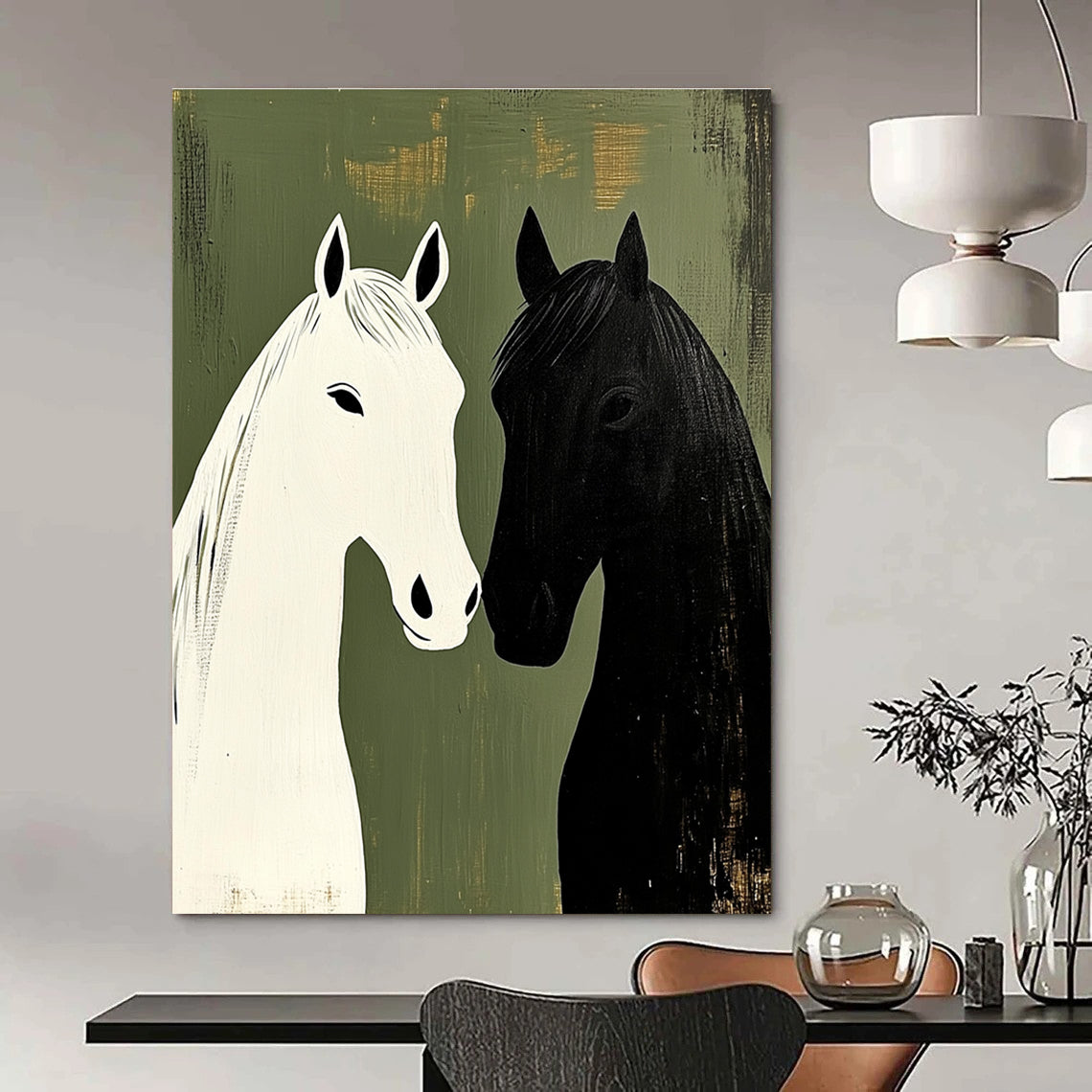 Black and White Horses Minimalist Abstract Painting for Nature - Inspired Spaces GAB1500