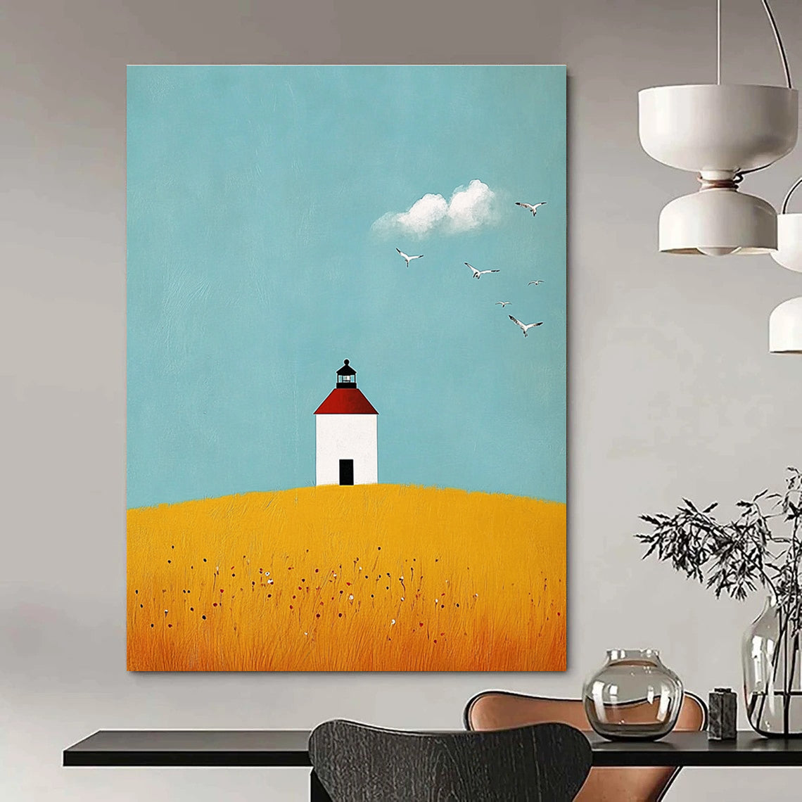 Lighthouse on Yellow Field Abstract Painting of Serene Isolation GAB0180