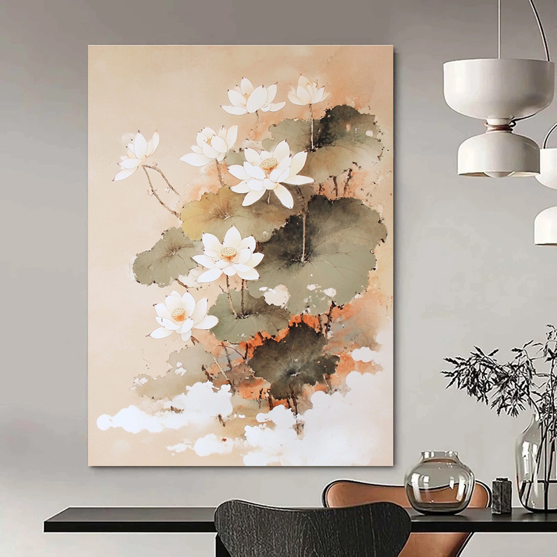 Traditional Lotus Flowers Elegant Floral Abstract Painting GAB0271