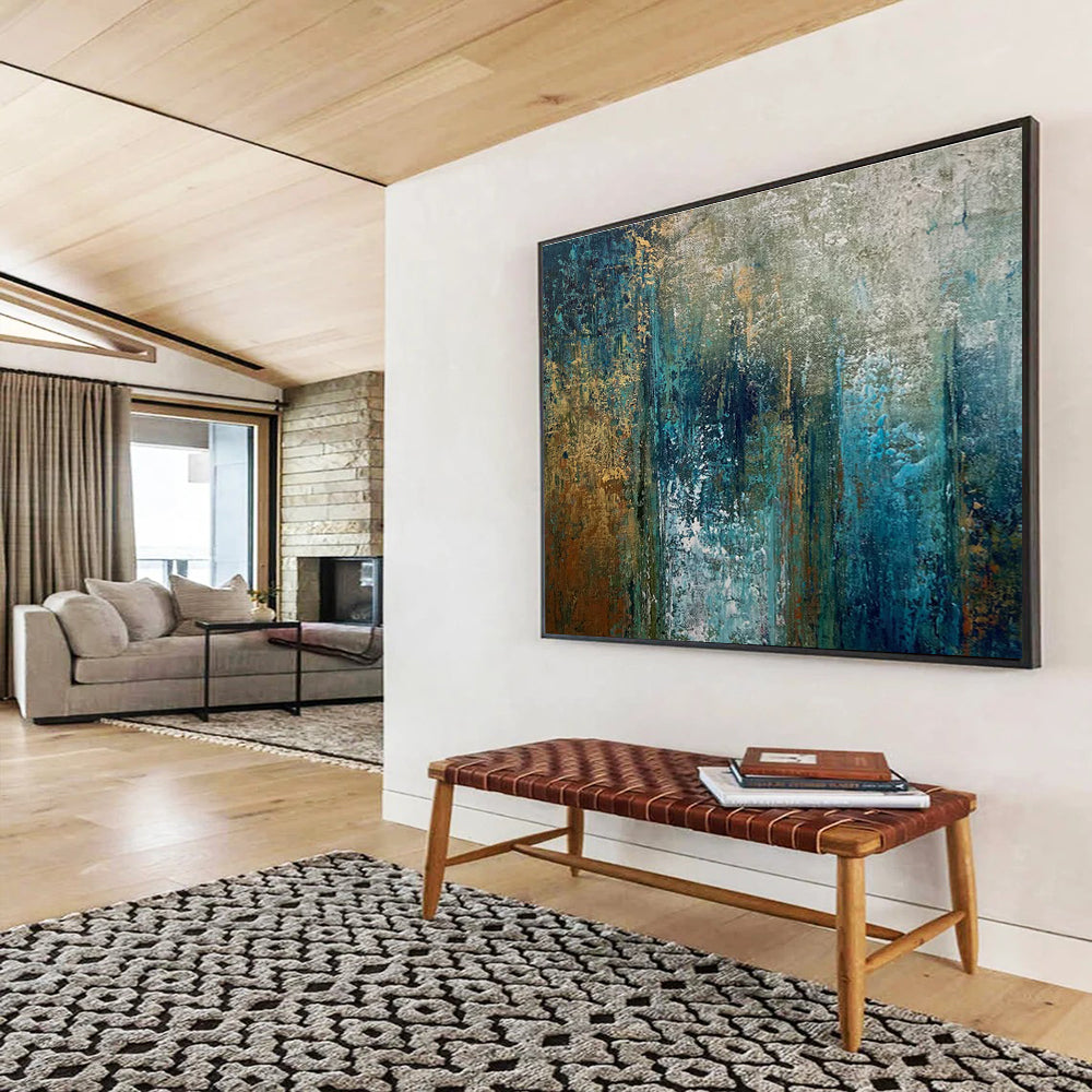Teal and Gold Abstract Layers Painting for Modern Beach Houses YHT337