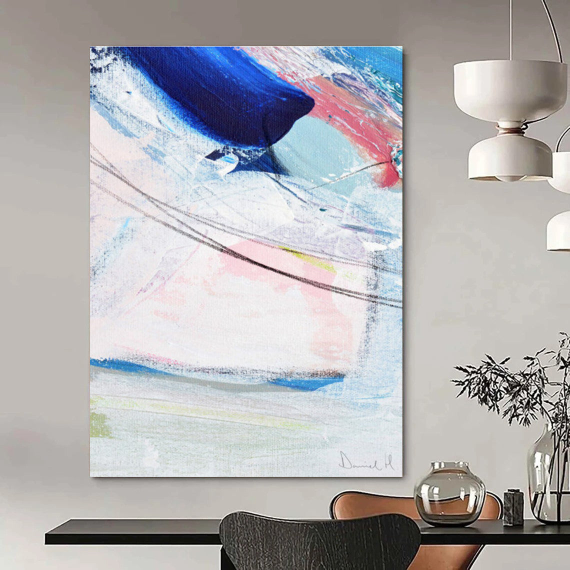 Blue - Pink Abstract with Lines Painting for Modern Living Rooms HENG150