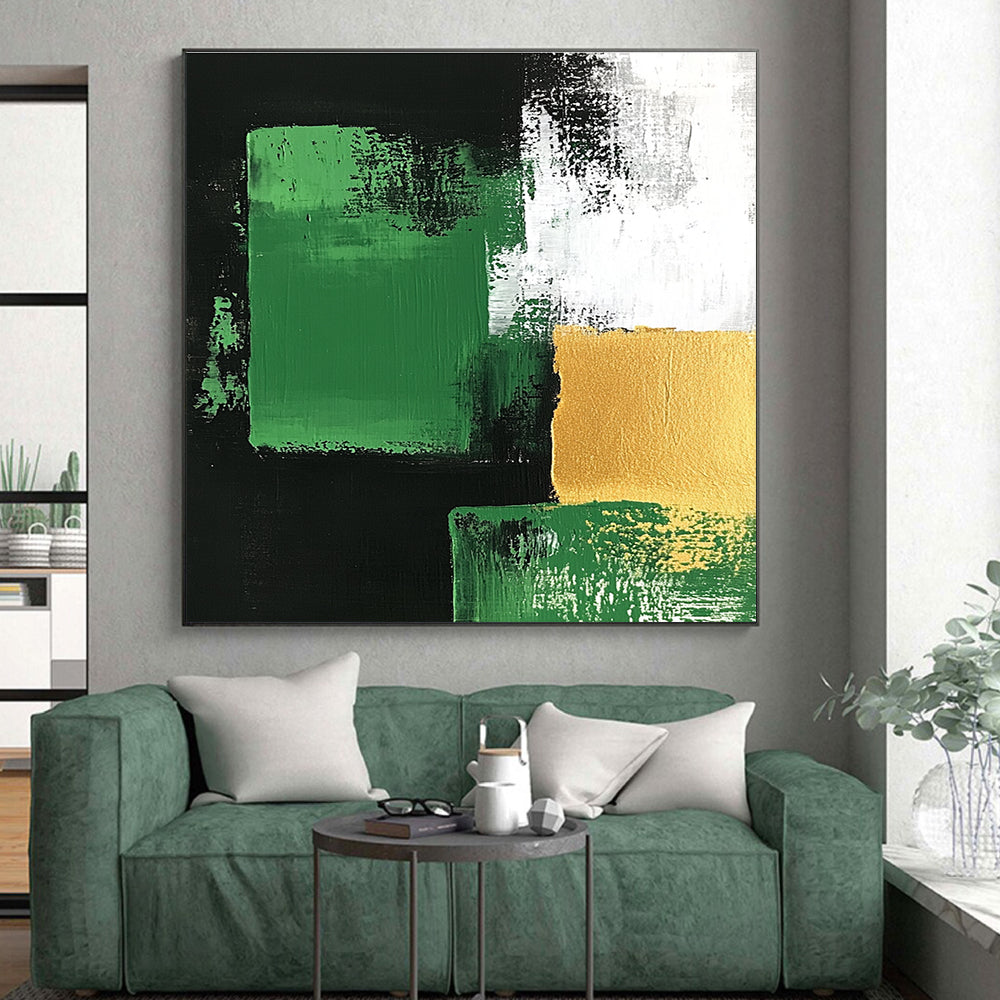 Green Gold Black Abstract Painting with Bold Geometry WINK678
