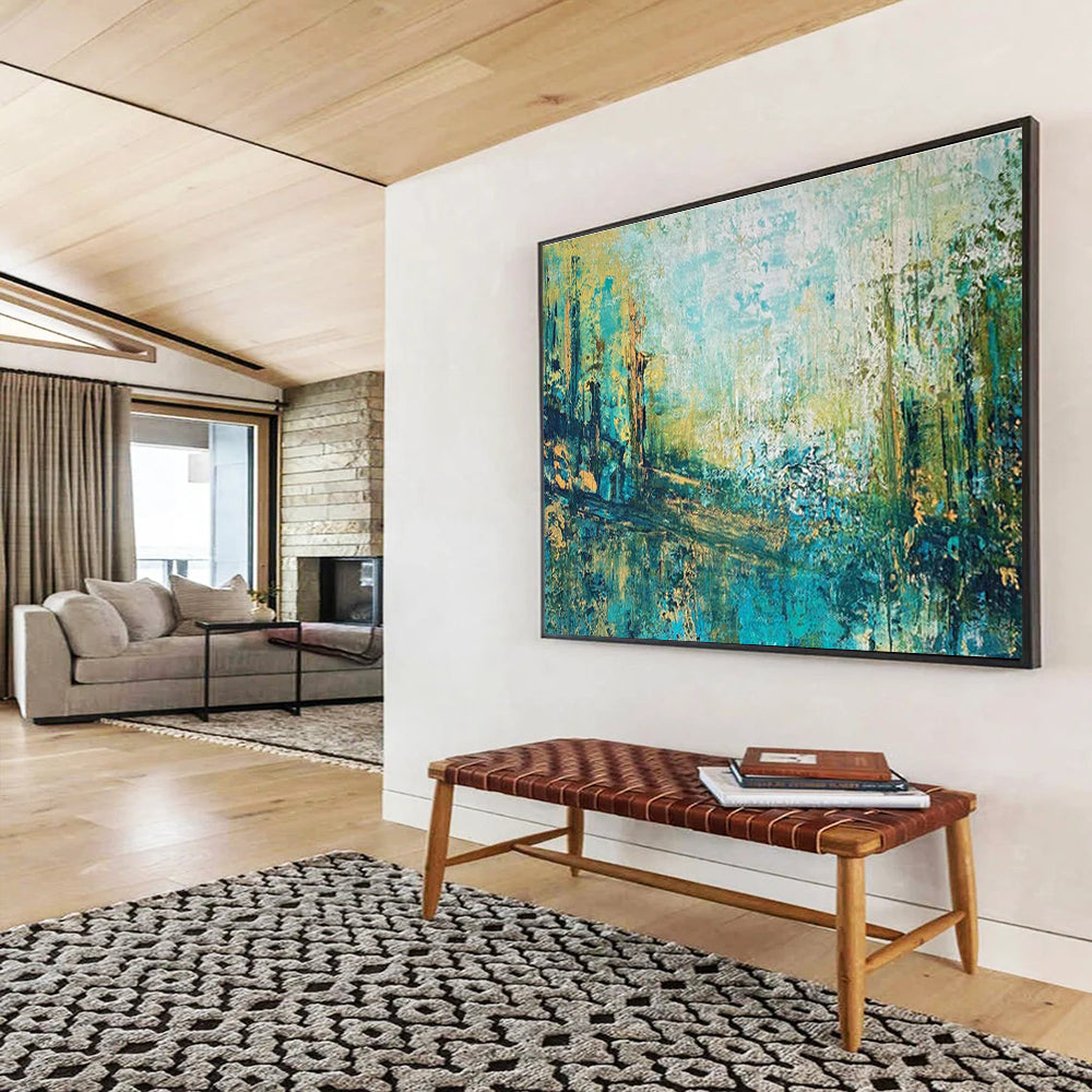 Teal and Gold Abstract Pathway Painting for Outdoor - Themed Lounges YHT328