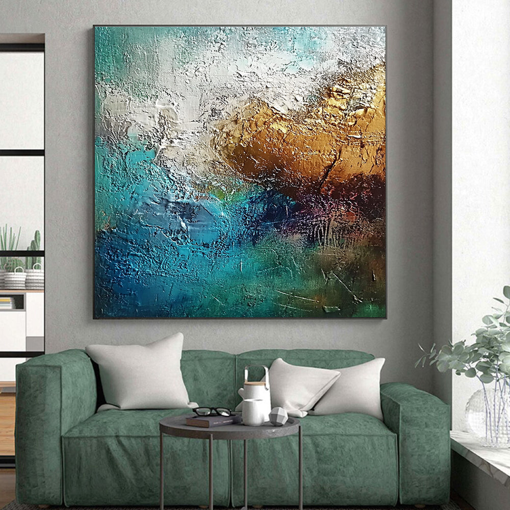 Textured Gold Blue Abstract Painting with Rich Depth WINK785
