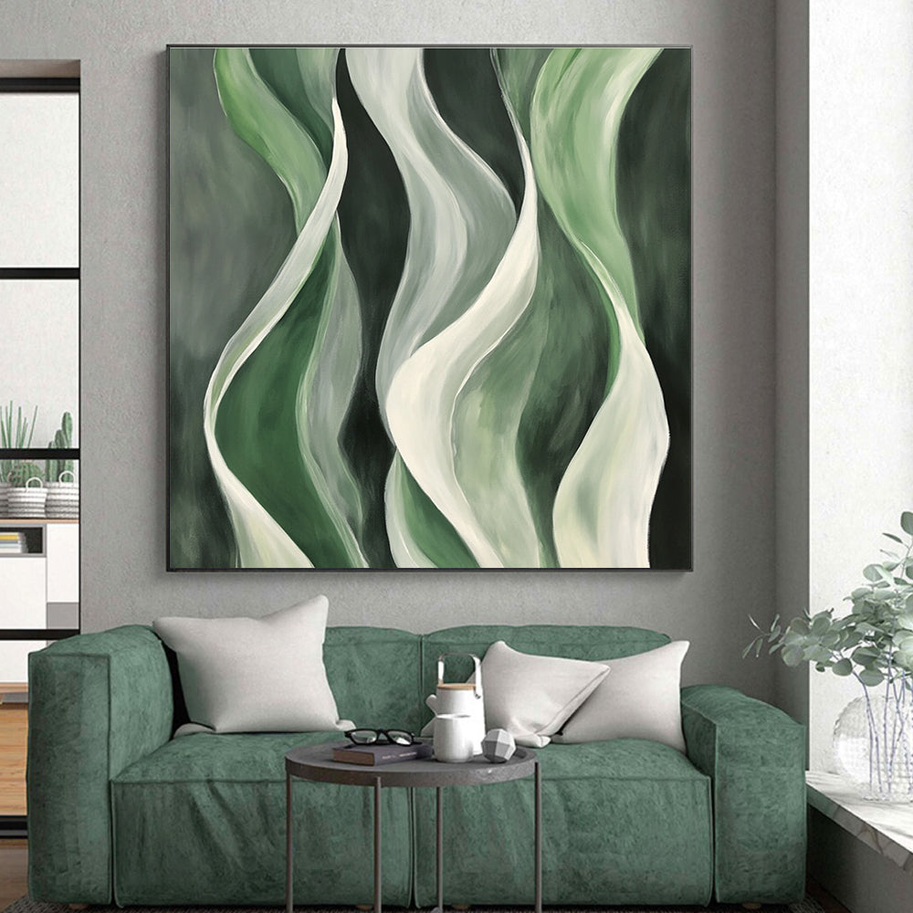 Green and White Flowing Forms Abstract Painting with Organic Grace WINK241