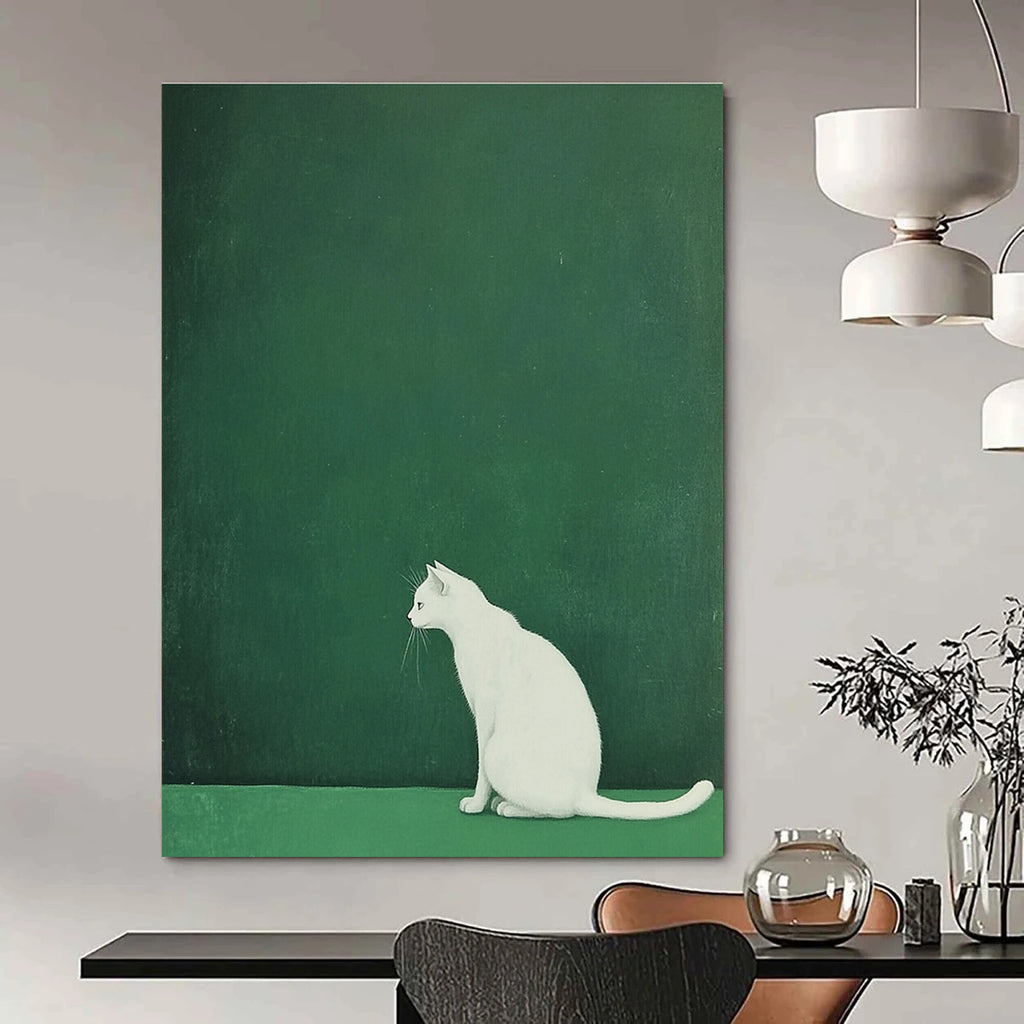 White Cat on Green Minimalist Abstract Painting for Calm Interiors GAB1520