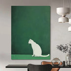 White Cat on Green Minimalist Abstract Painting for Calm Interiors GAB1520