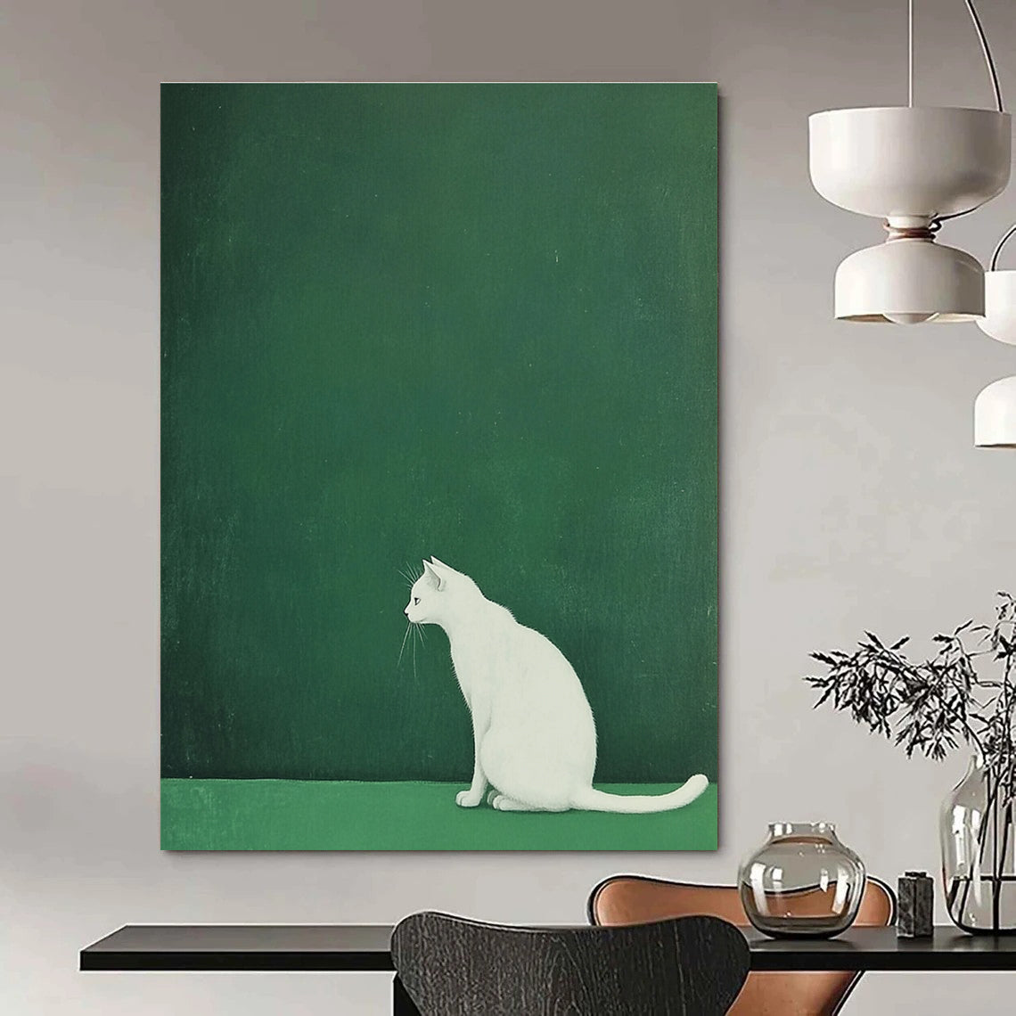 White Cat on Green Minimalist Abstract Painting for Calm Interiors GAB1520