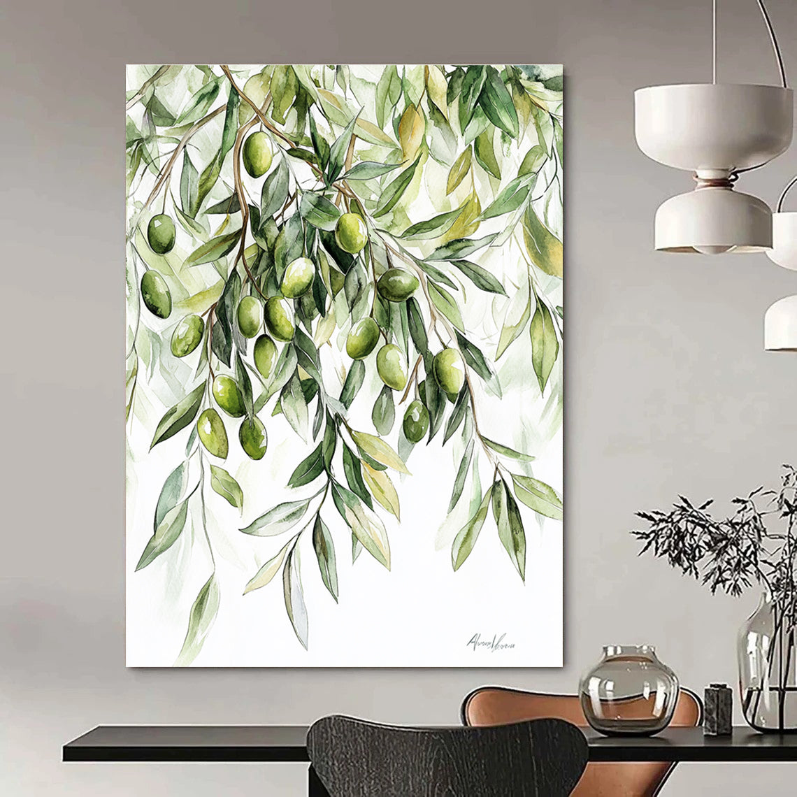 Olive Branches Watercolor Abstract Painting for Rustic Interiors GAB1508