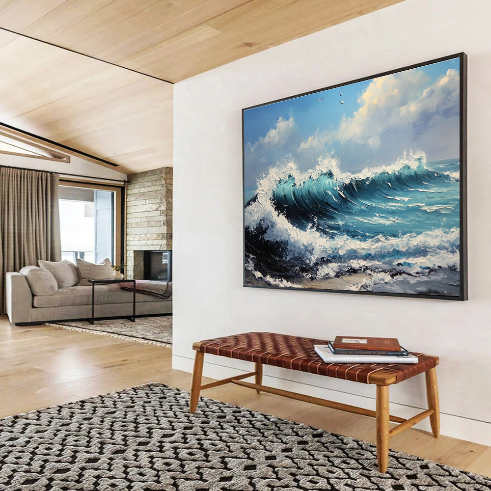 Crashing Waves and Birds Abstract Painting with Ocean Energy ABS599