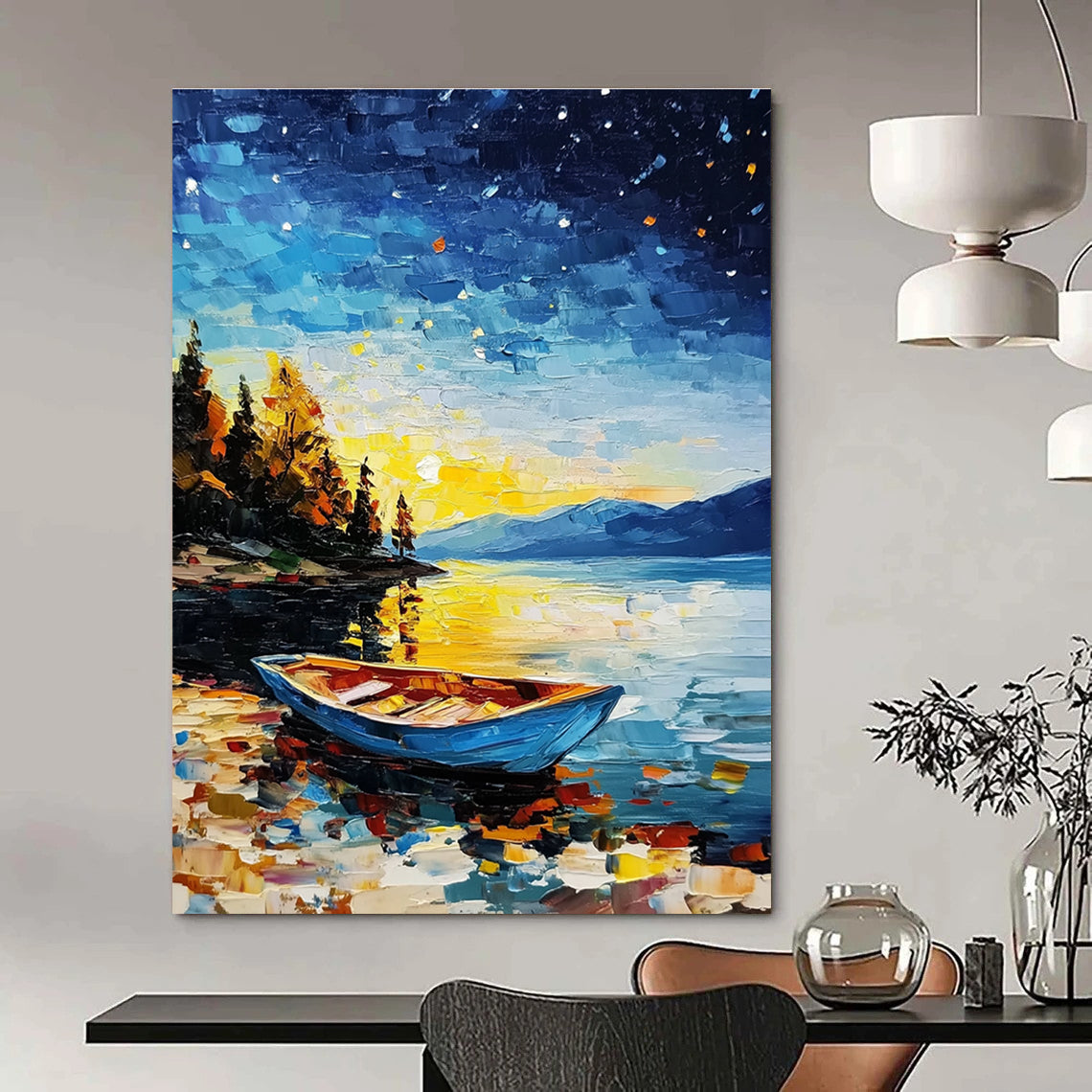 Colorful Lake at Night Abstract Painting for Nautical - Themed Living Rooms GAB1293