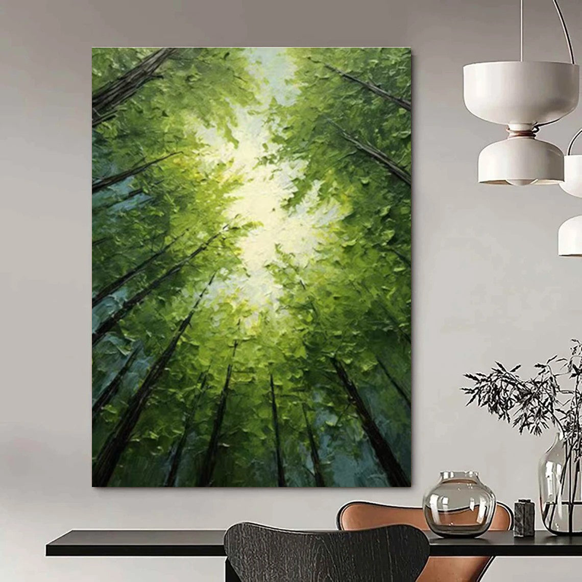 Serene Sunlit Forest Canopy Abstract Painting for Peaceful Spaces HENG266