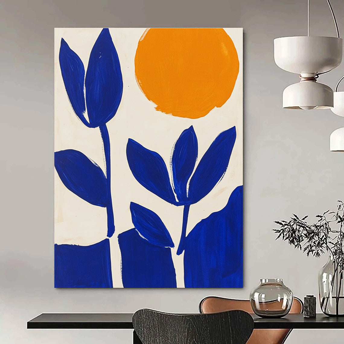 Blue Flowers and Orange Sun Abstract Painting for Cheerful Kitchens GAB1374