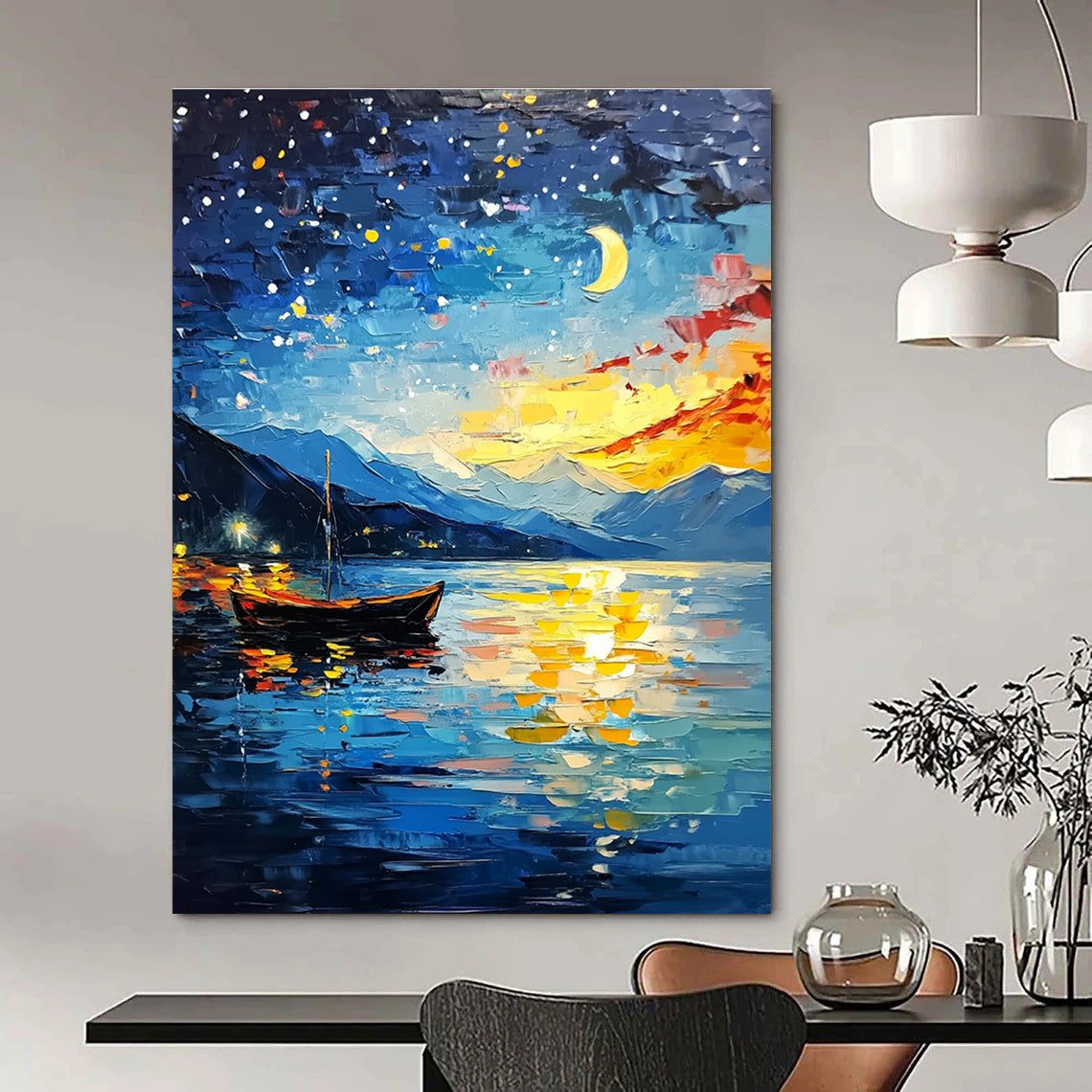 Moonlit Lake with Boat Enchanting Landscape Abstract Painting GAB0283