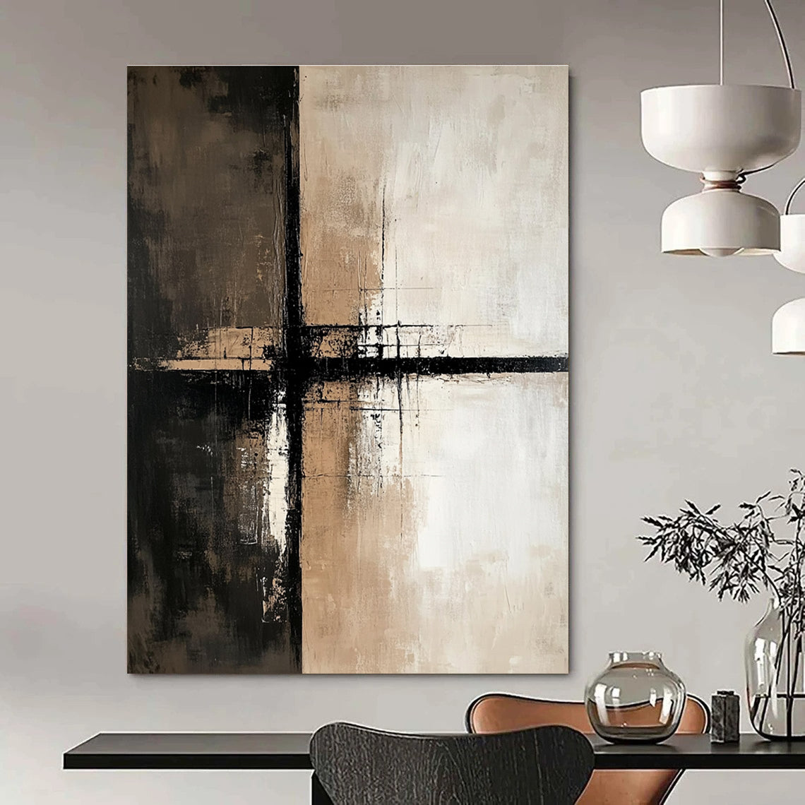 Textured Brown and Black Cross Abstract Painting for Modern Interiors GAB0680