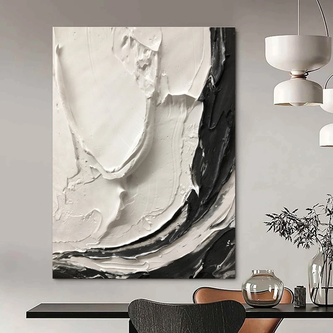 Black - White Textured Swirl Abstract Painting for Art - Centric Living Spaces HENG387