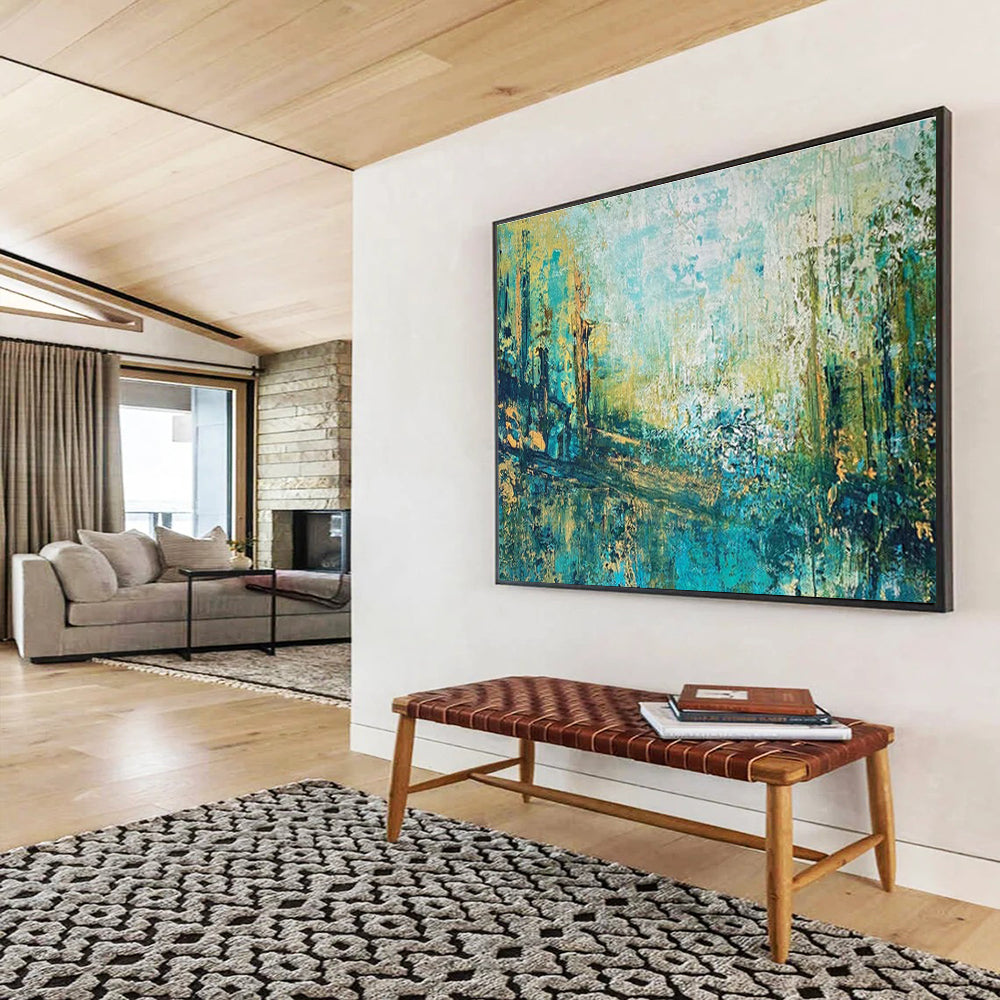 Turquoise and Gold Abstract Forest Painting for Nature - Themed Bookstores YHT357