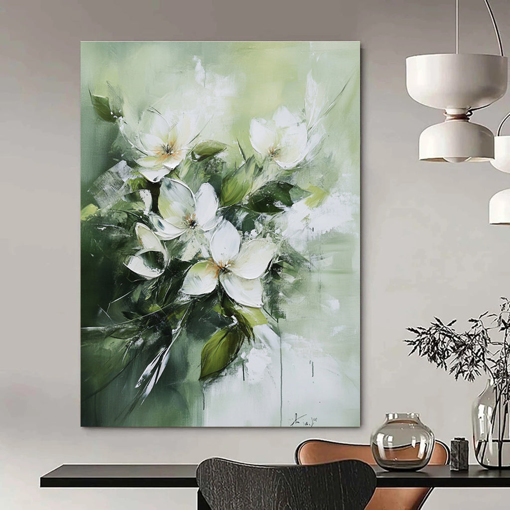 White Flowers on Green Abstract Painting for Elegant Tea Rooms GAB0830