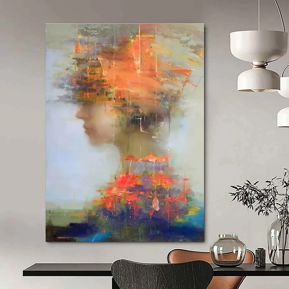 Abstract Figure with Colorful Overlays Painting for Expressive Interiors HENG318