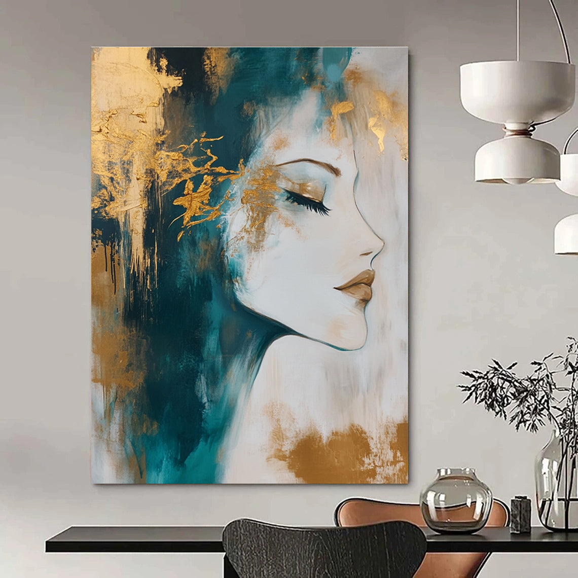 Gold - Accented Portrait Abstract Painting for Luxurious Salons GAB0848