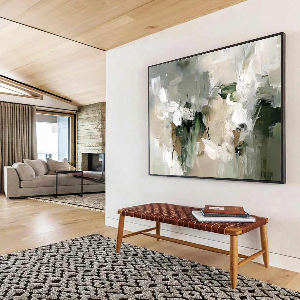 Gray - Green Abstract Blooms Painting with Subtle, Elegant Florals ABS509