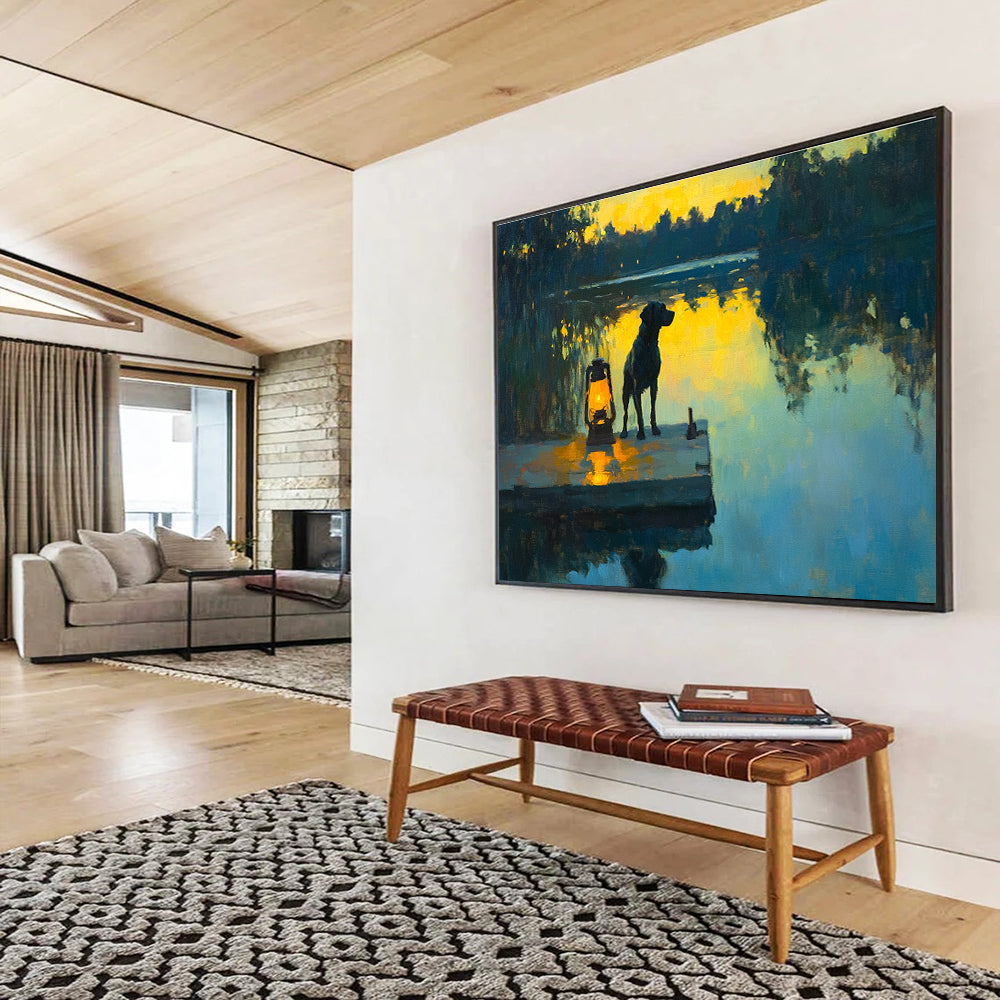 Dog by Lantern on Dock Abstract Painting with Evening Serenity ABS591