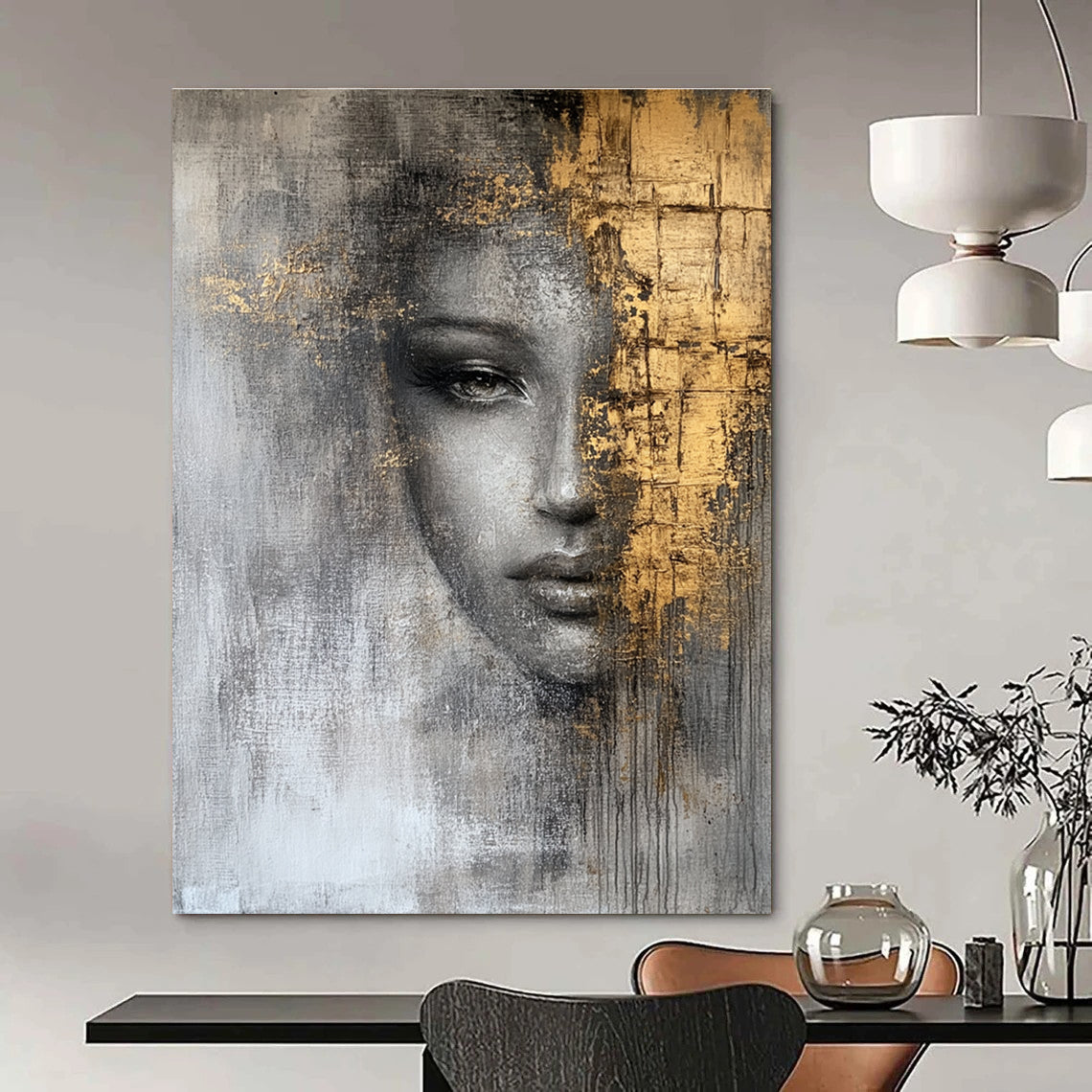 Gray and Gold Portrait Abstract Painting for Luxury Living Rooms GAB0973