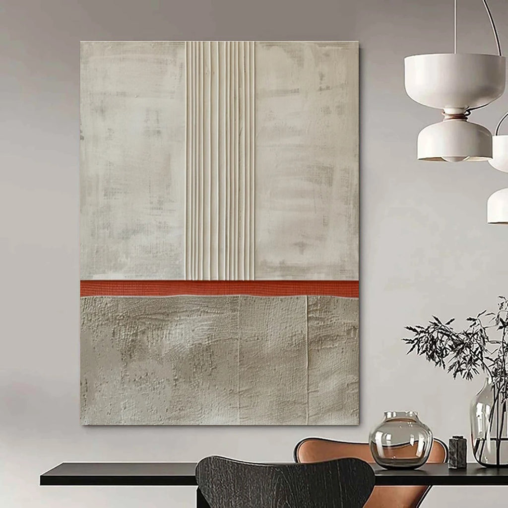 Neutral Tones with Red Stripe Abstract Painting for Industrial - Chic Cafes HENG026