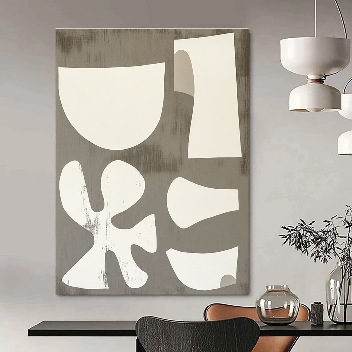 White Shapes on Gray Playful Abstract Painting for Creative Spaces GAB1539