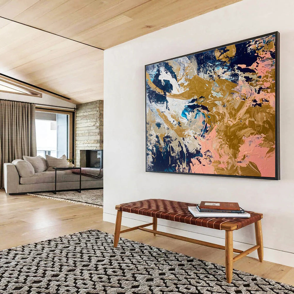 Navy - Gold - Pink Abstract Painting for Luxe Cocktail Lounges YHT381