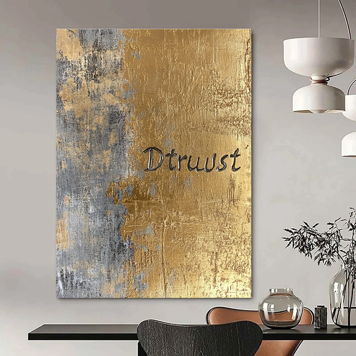 Gold and Gray “Dtruust” Abstract Painting of Inspirational Text GAB0136