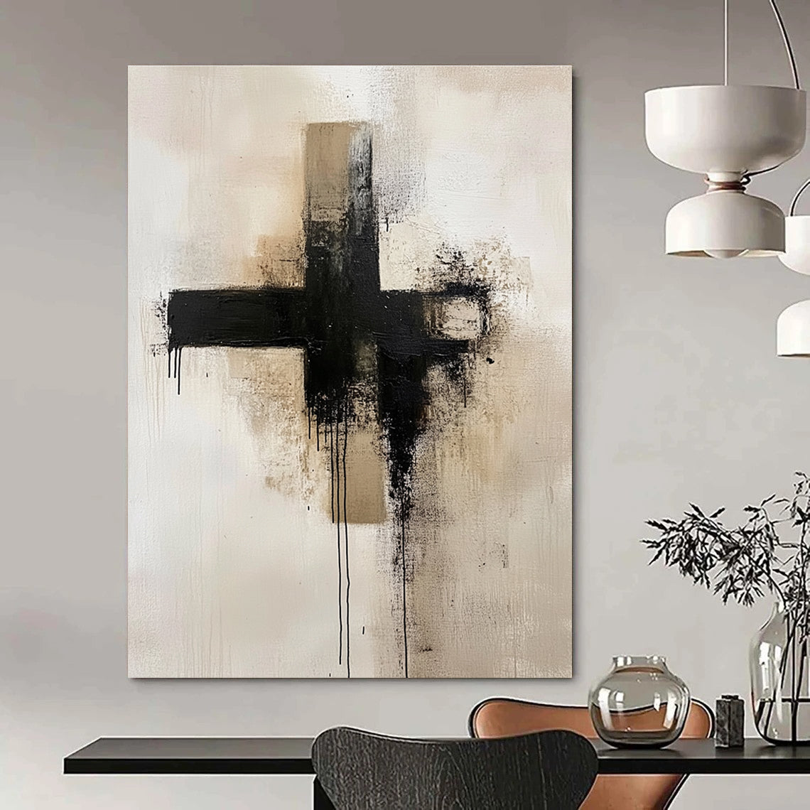 Dripping Black Cross Abstract Painting for Contemporary Art Galleries GAB1102