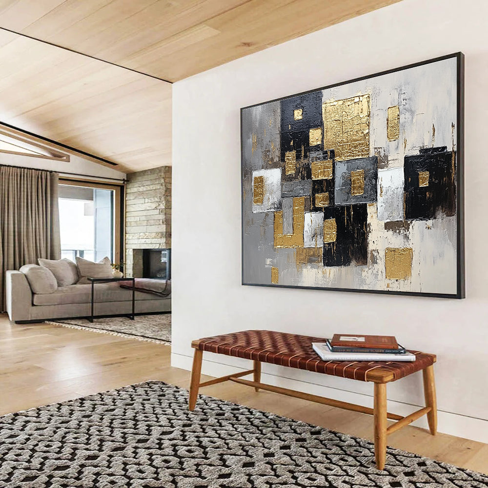 Gold - Accented Geometric Abstract Painting with Modern, Structured Beauty ABS476