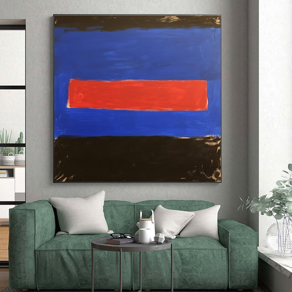 Blue with Red and Black Bands Abstract Painting with Bold Color Blocking WINK028