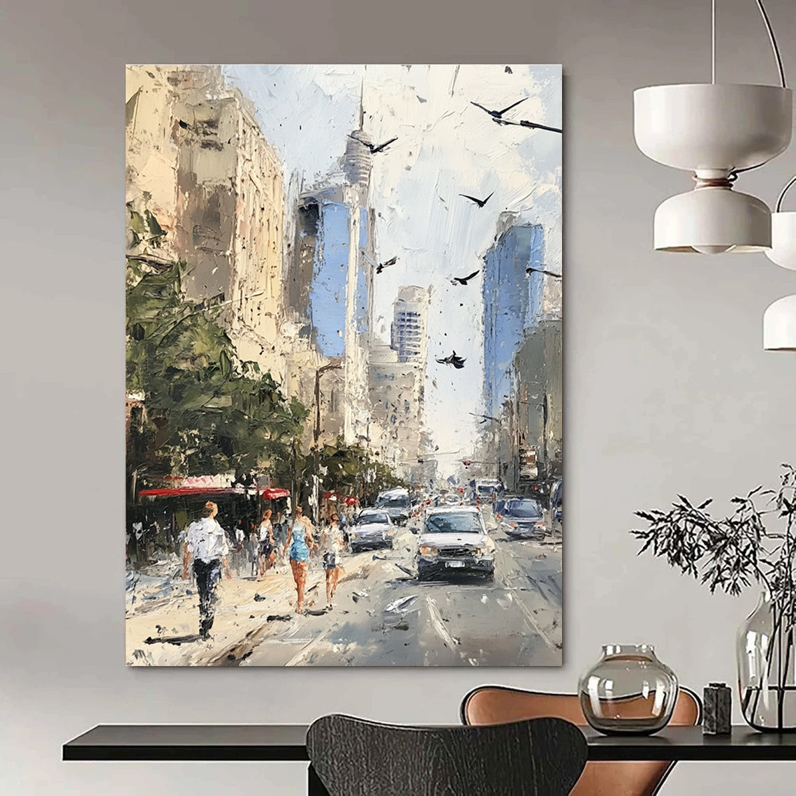 Busy Urban Sidewalk Dynamic Cityscape Abstract Painting GAB0285
